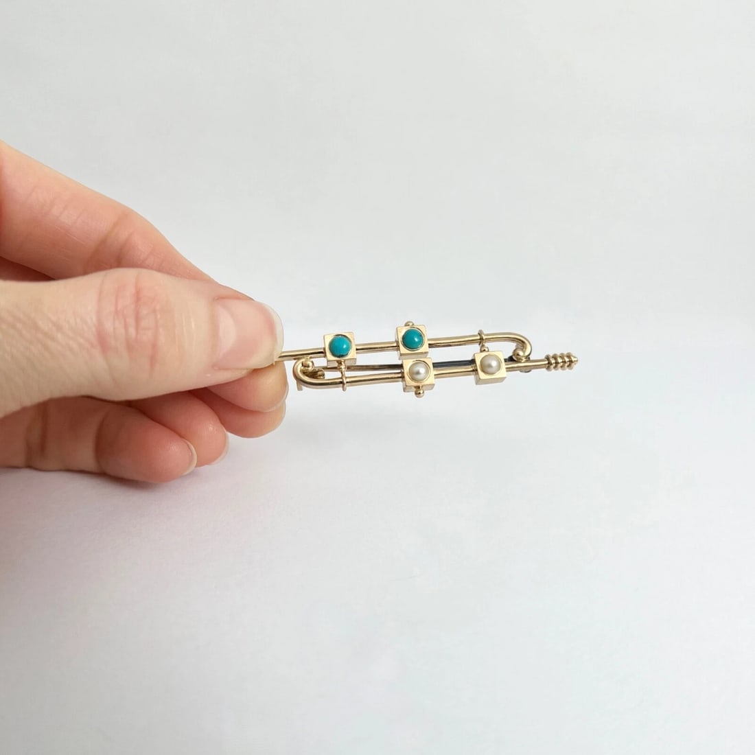 Antique Art Deco Long Cabochon Turquoise Pearl Brooch 14K Yellow Gold, 5.21 Gr - 7