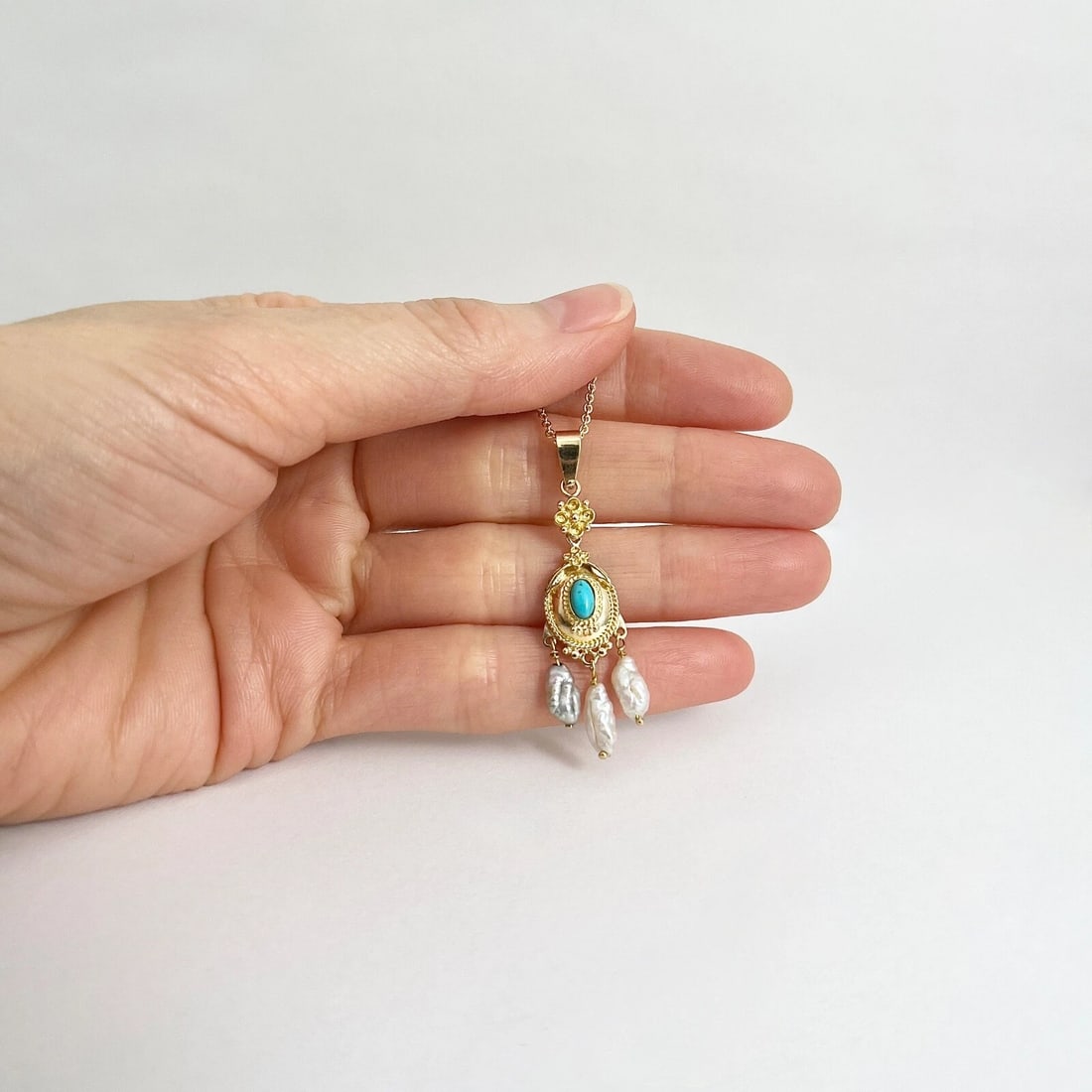 Vintage Oval Turquoise Baroque Pearl Pendant Necklace 14K Yellow Gold, 5.03 Gram - 4