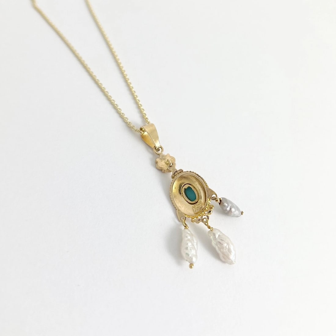 Vintage Oval Turquoise Baroque Pearl Pendant Necklace 14K Yellow Gold, 5.03 Gram - 7