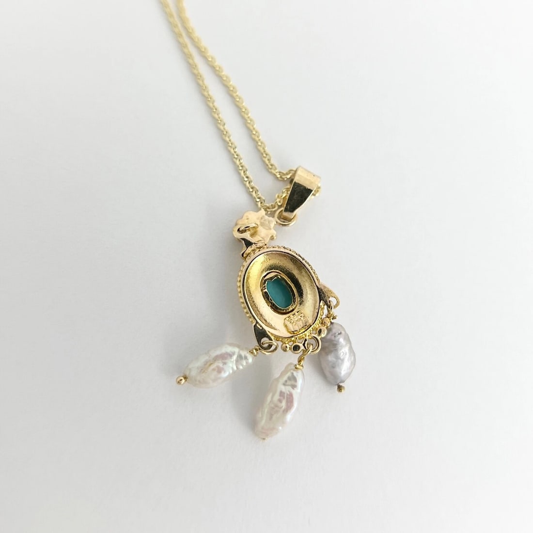 Vintage Oval Turquoise Baroque Pearl Pendant Necklace 14K Yellow Gold, 5.03 Gram - 8