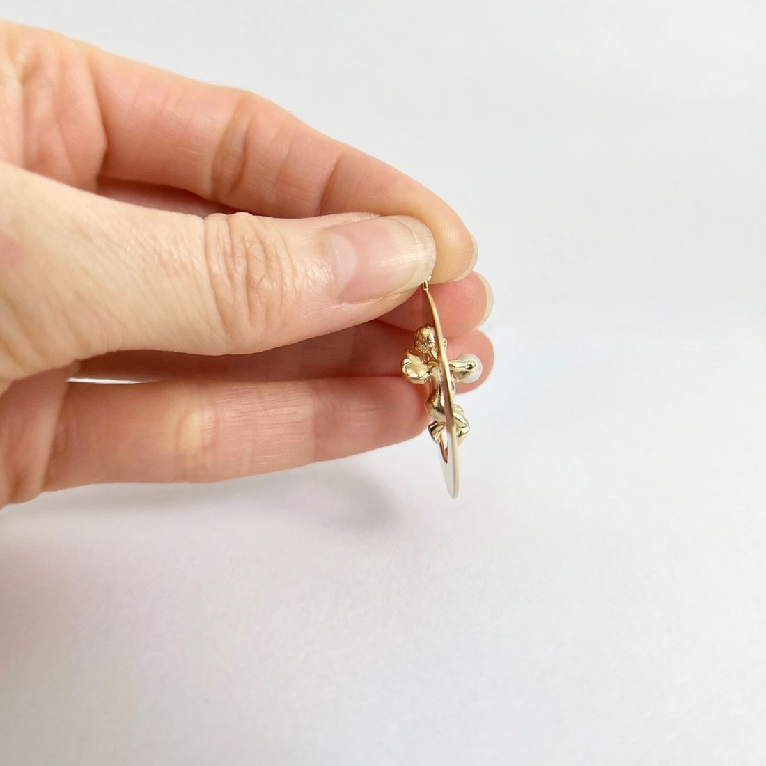 Vintage Cupid Cherub Pearl Necklace Pendant Charm 14K Yellow Gold, 6.56 Grams - 5
