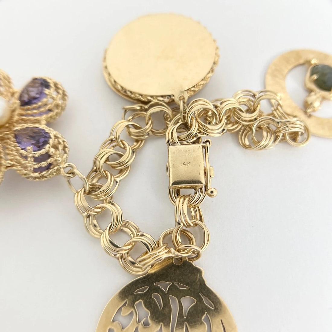 Vintage 1950's Flower Cupid Baby Shoes Charm Bracelet 14K Yellow Gold, 72.44 Gr - 11