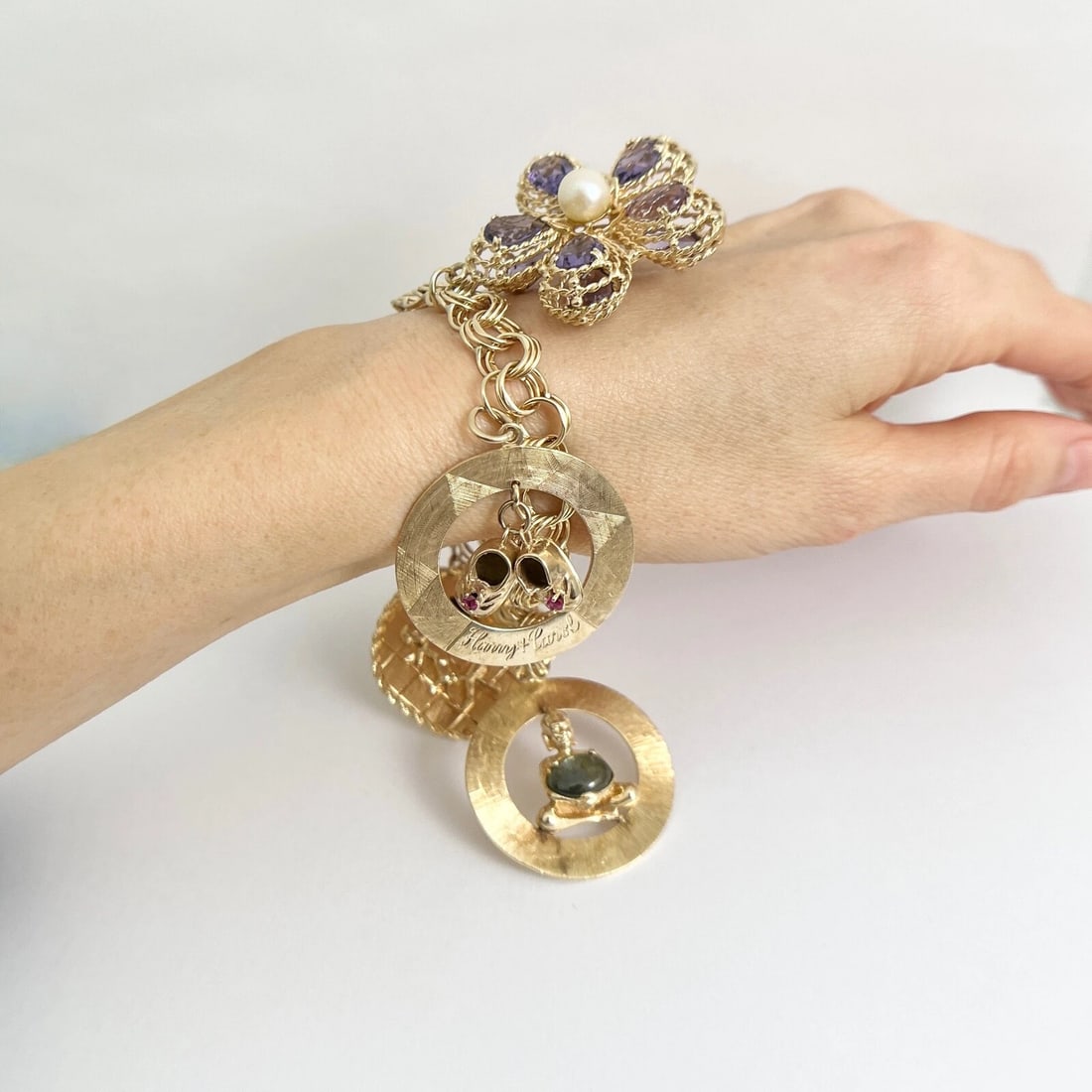 Vintage 1950's Flower Cupid Baby Shoes Charm Bracelet 14K Yellow Gold, 72.44 Gr - 6