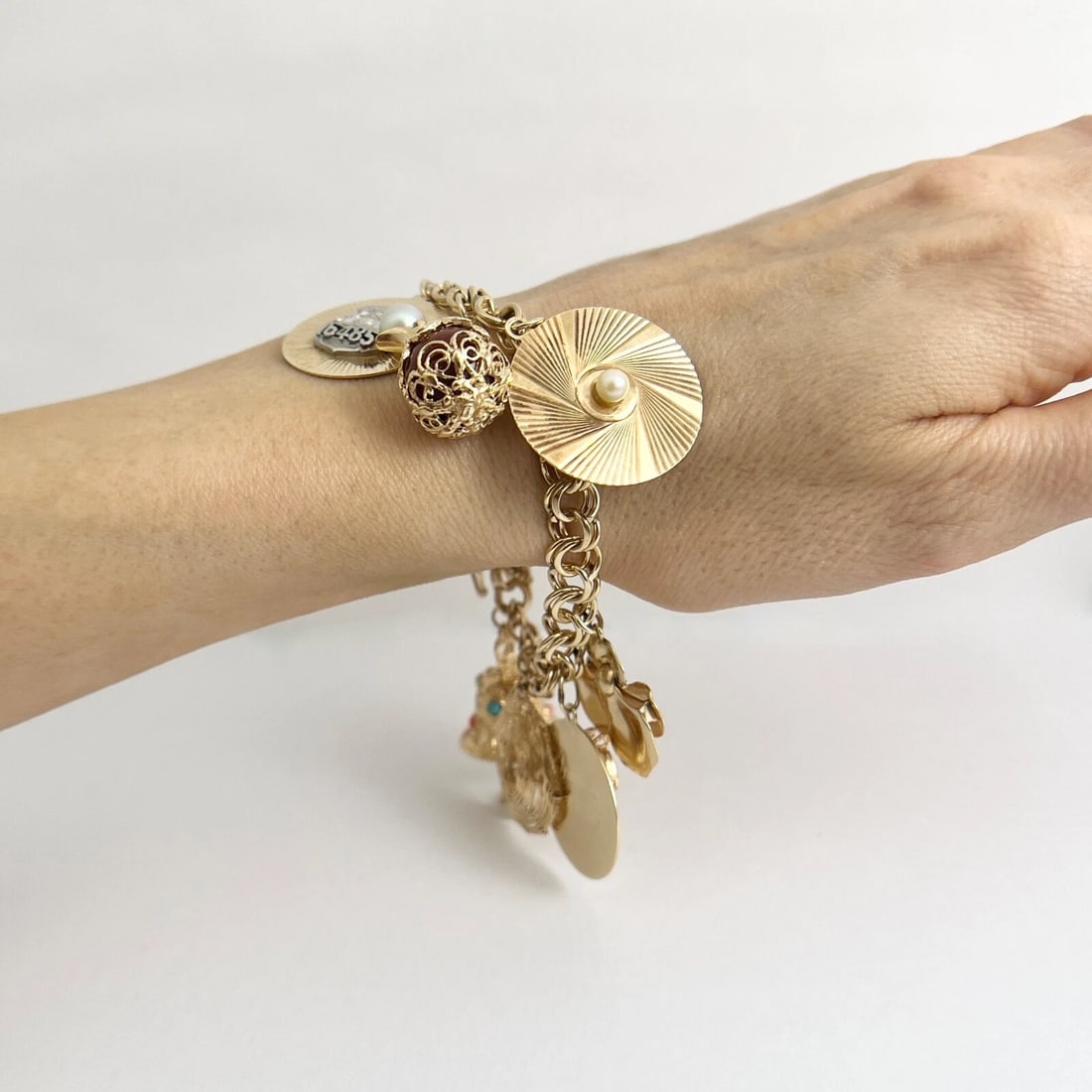 Vintage 1950's Pearl Shoes Hat Police Charm Bracelet 14K Yellow Gold, 59.27 Gram - 7
