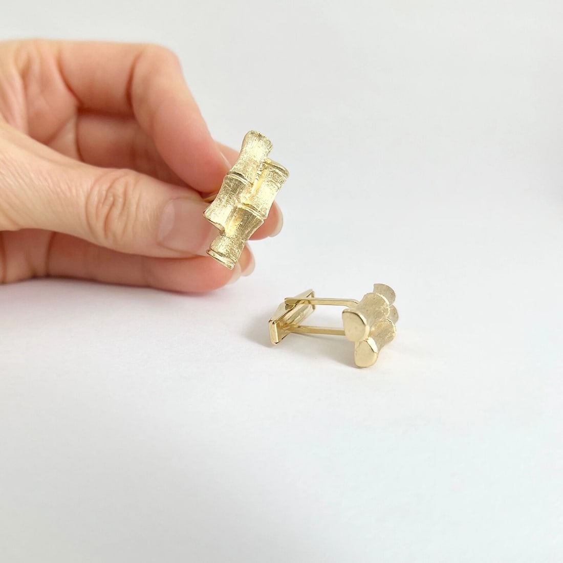 Vintage 1960's Textured Bamboo Cufflinks 14K Yellow Gold, 12.46 Gr - 3