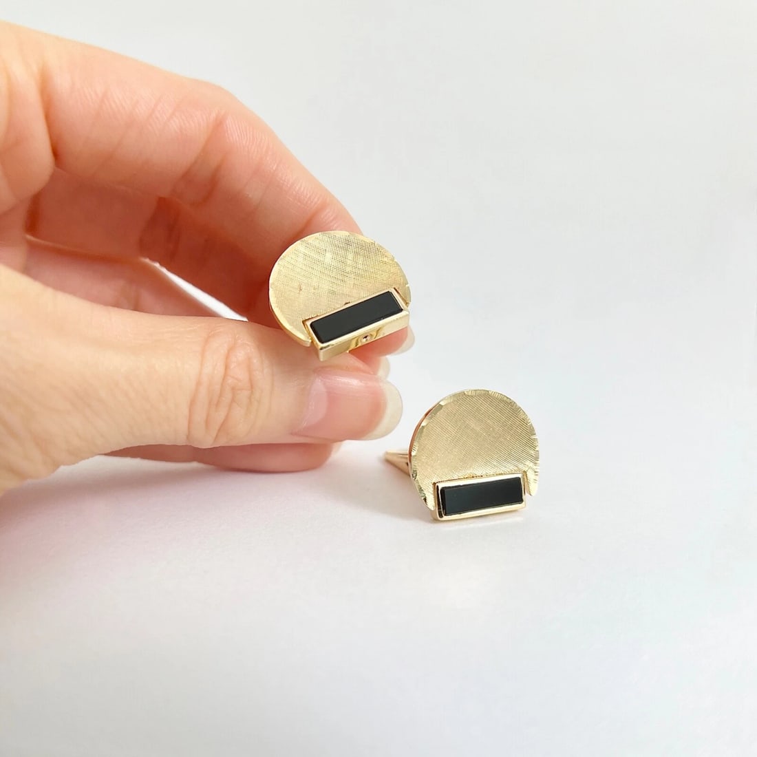 Vintage 1960's Black Onyx Green Serpentine Cufflinks 14K Yellow Gold, 13.65 Gr - 3