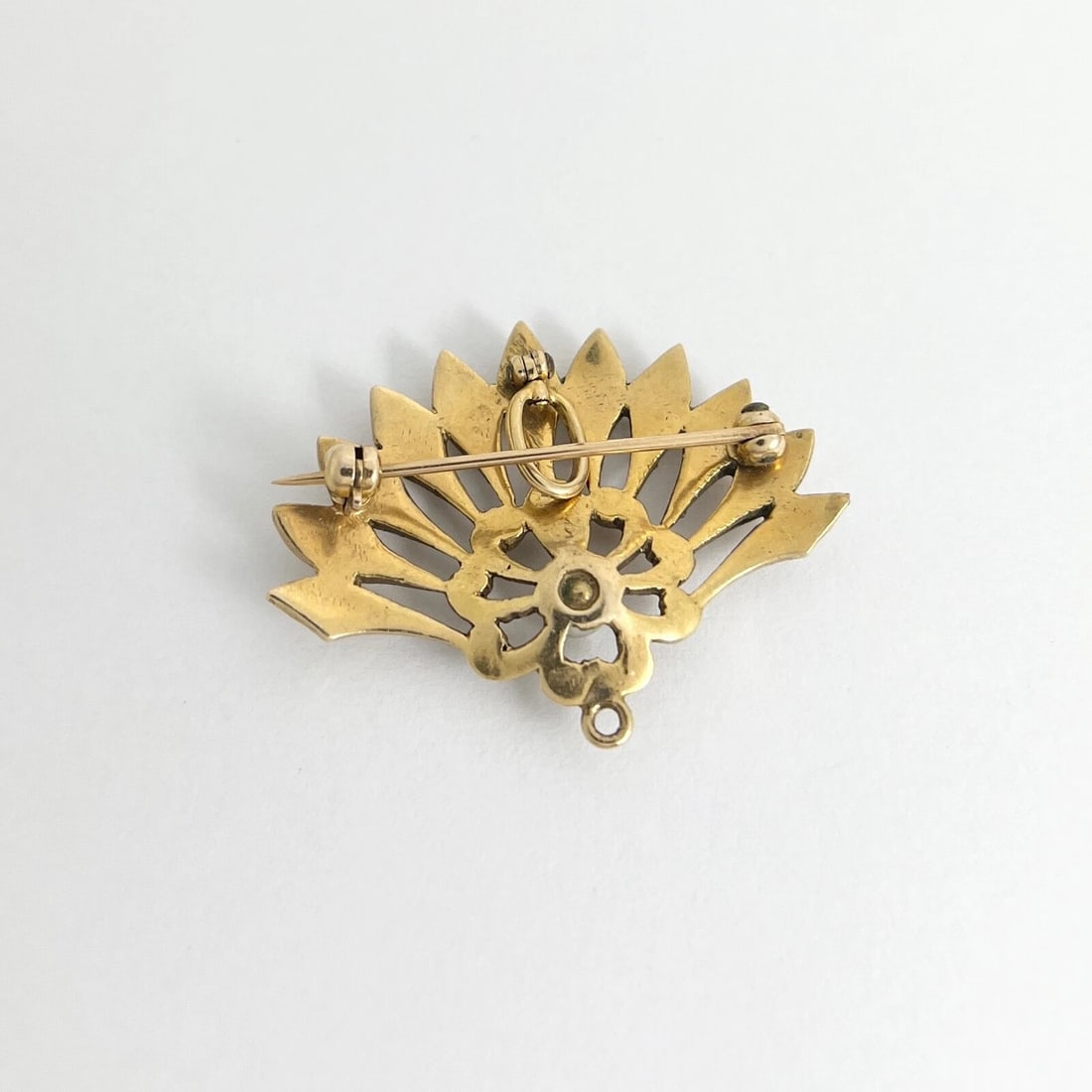 Vintage 1930's Seed Pearl Fan Brooch Pin Pendant 14K Yellow Gold, 7.19 Grams - 7