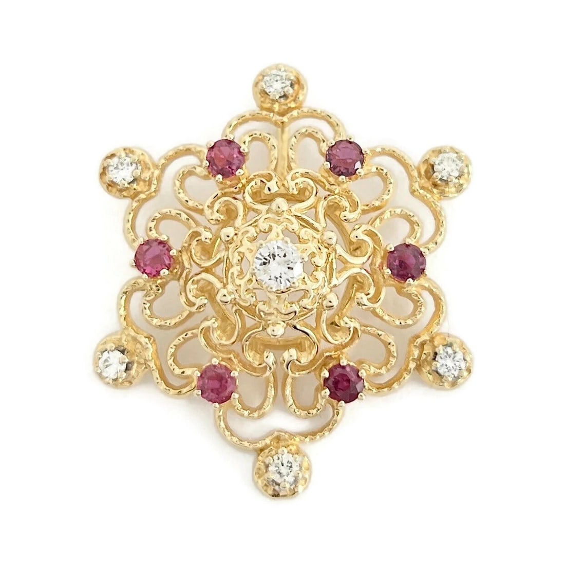 Vintage 1960's Ruby Diamond Filigree Necklace Pendant 14K Yellow Gold 6.97 Gr: Vintage 1960's Ruby Diamond Filigree Necklace Pendant 14K Yellow Gold 6.97 Gr This is a lovely pendant that can be worn on the necklace chain of your choice. Please let us know if you have any