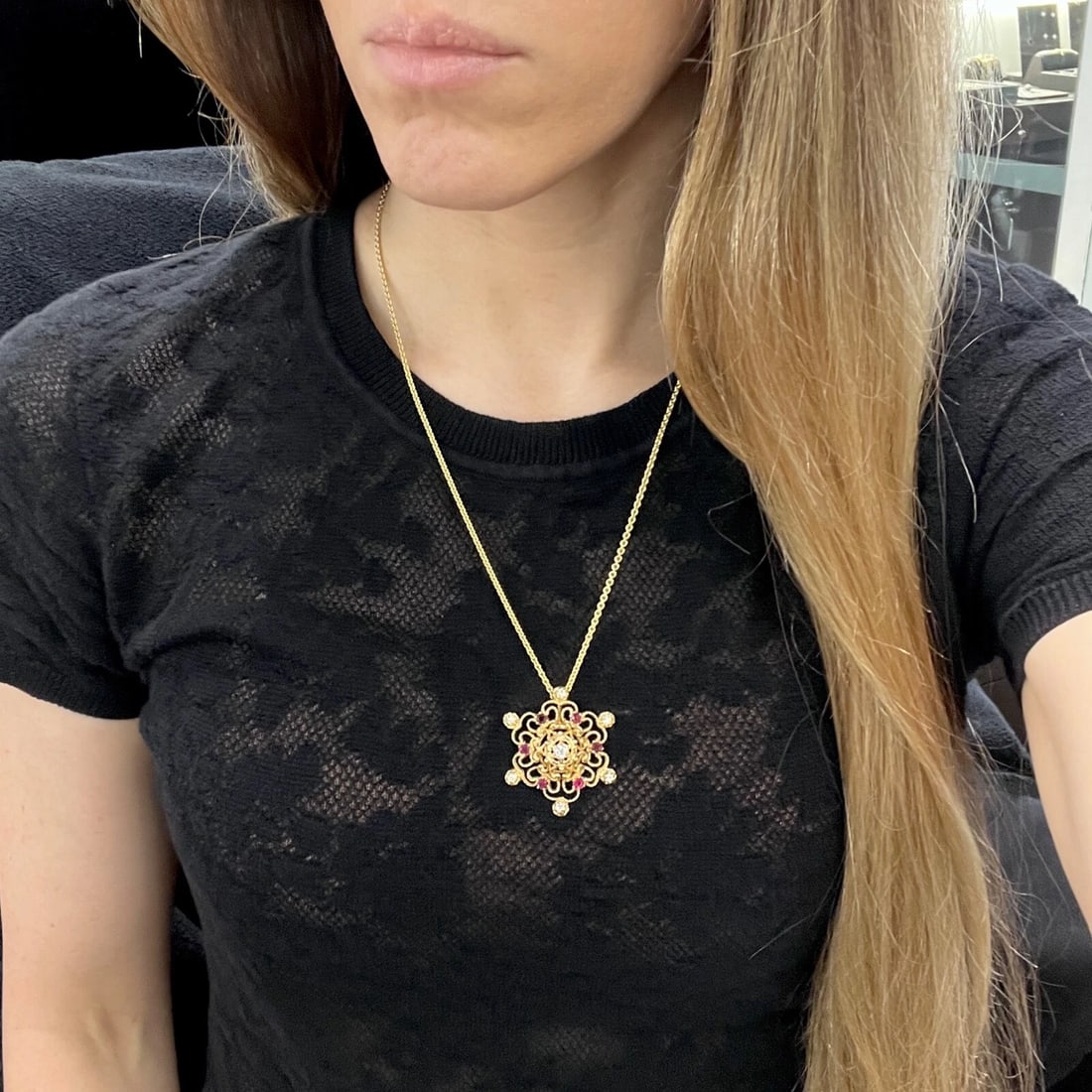 Vintage 1960's Ruby Diamond Filigree Necklace Pendant 14K Yellow Gold 6.97 Gr - 5