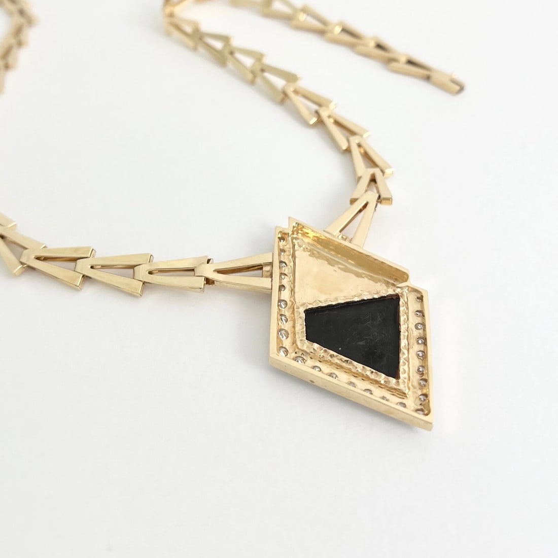 Vintage Black Onyx Diamond Geometric Pendant Necklace 14K Yellow Gold 28.50 Gr - 7