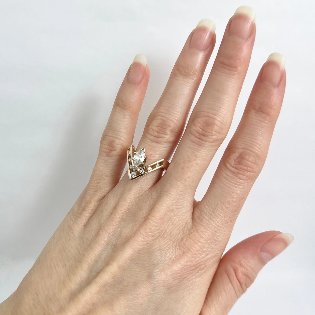 Vintage 1980's Marquise Diamond Chevron Statement Ring 14K Yellow Gold, 4.78 Gr - 4