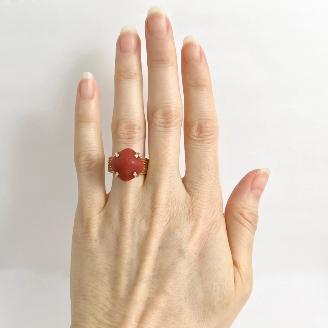 Vintage 1960's Cabochon Red Coral Cocktail Ring 12K Yellow Gold, 7.93 Gr - 4