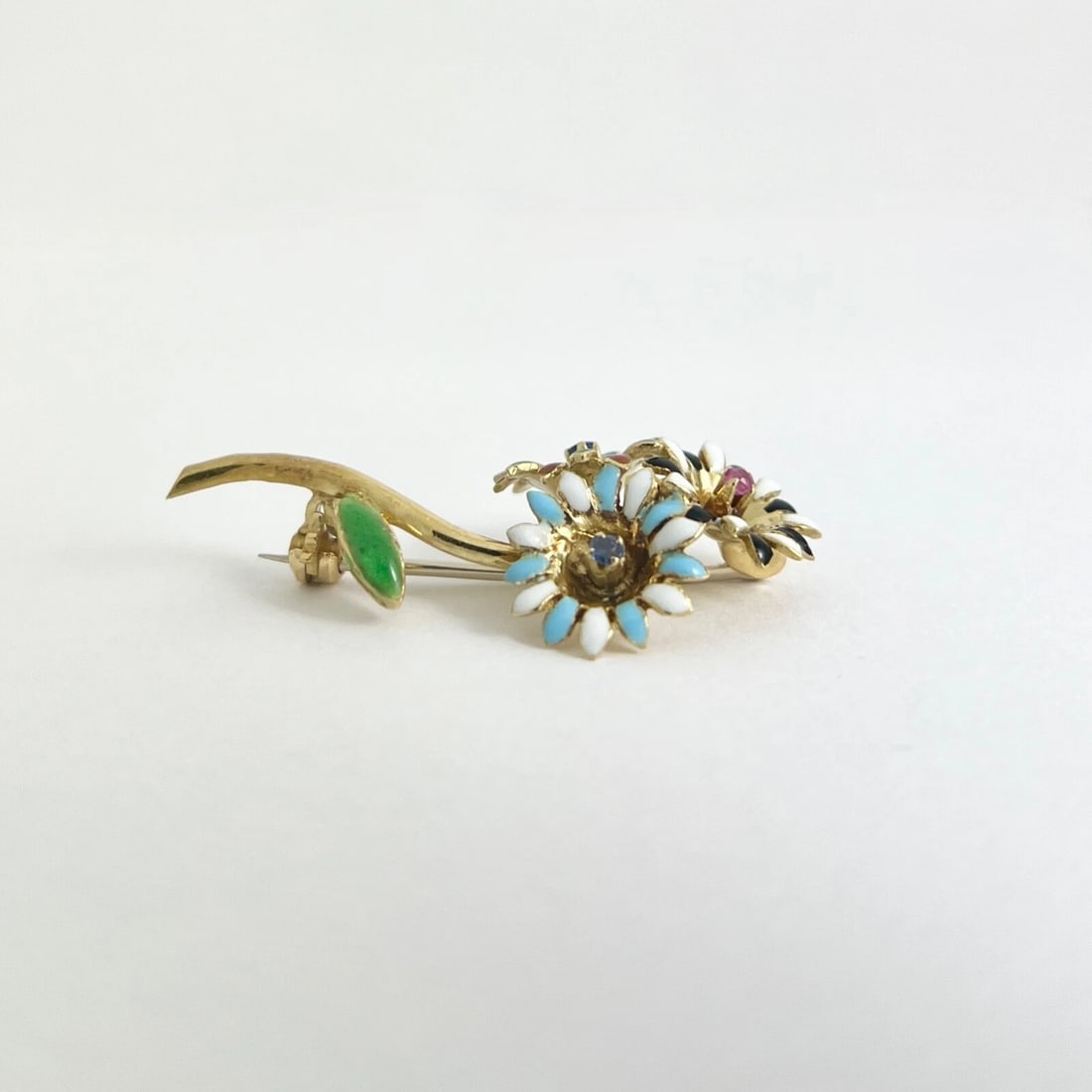 Vintage 1940's Multicolored Enamel Gemstone Flower Brooch 18K Yellow Gold 4.65 G - 7