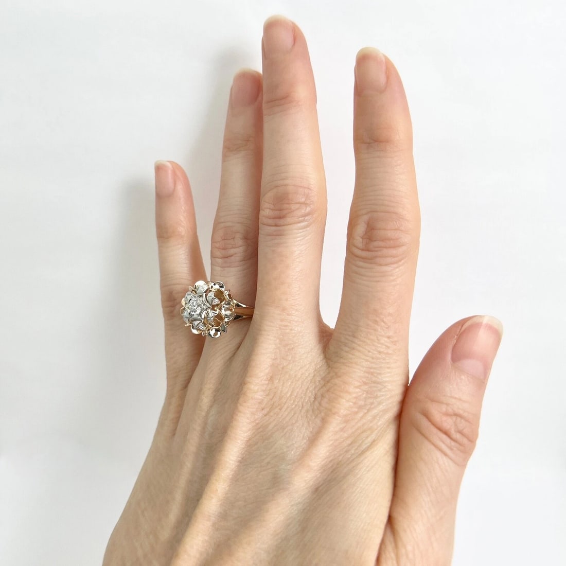 Vintage 1950's Diamond Two-Tone Dome Cocktail Ring 18K Rose White Gold, 5.47 Gr - 5