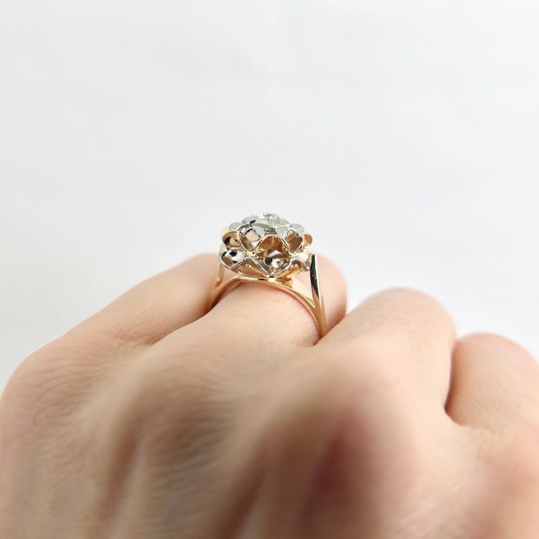 Vintage 1950's Diamond Two-Tone Dome Cocktail Ring 18K Rose White Gold, 5.47 Gr - 7