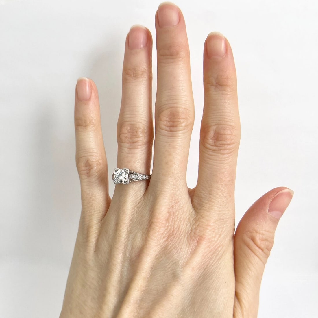 Vintage 1940's Etched Diamond Engagement Ring Platinum, .82 CTW, 3.40 Grams - 3