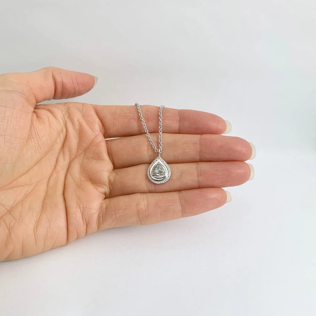 Antique Rose Cut Diamond Teardrop Halo Pendant Necklace 14K White Gold 4.87 Gr - 4