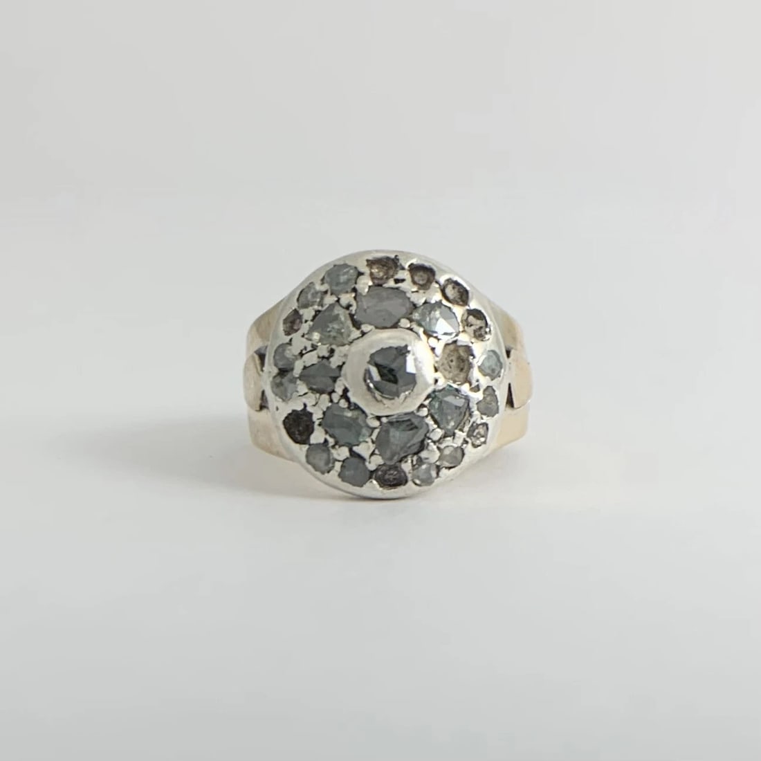 Antique Victorian Pave Green Diamond Round Ring 14K Yellow Gold Silver, 6.44 Gr - 7