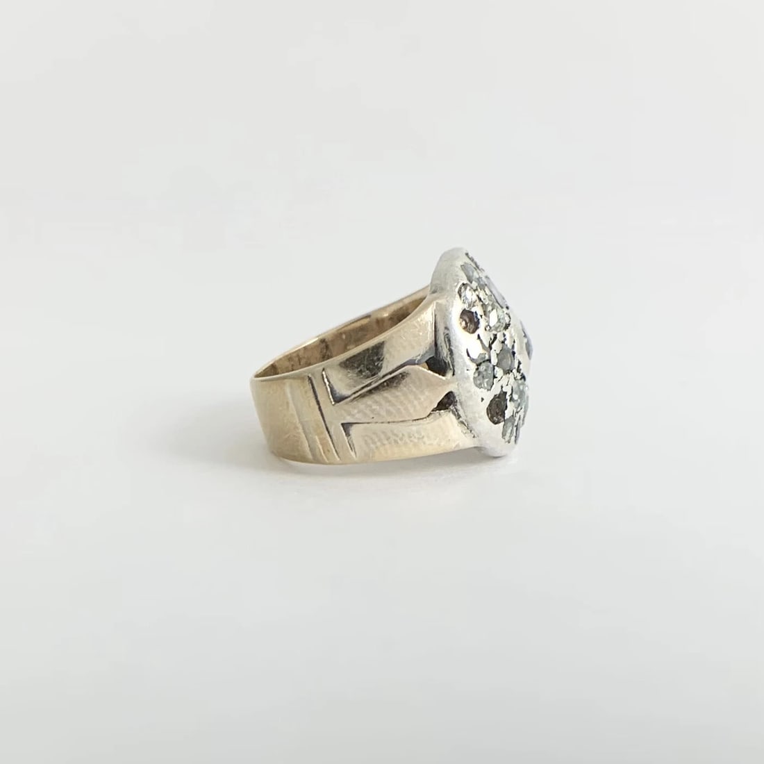 Antique Victorian Pave Green Diamond Round Ring 14K Yellow Gold Silver, 6.44 Gr - 9