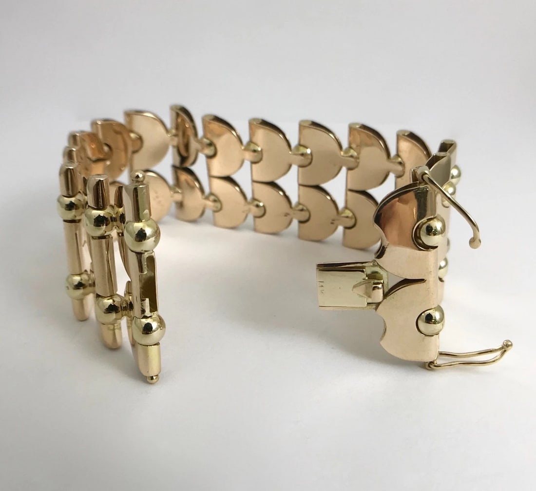 Vintage 1940's 1950's Wide Chain Link Bracelet 14K Yellow Gold, 7 Inch, 57.84 Gr - 9