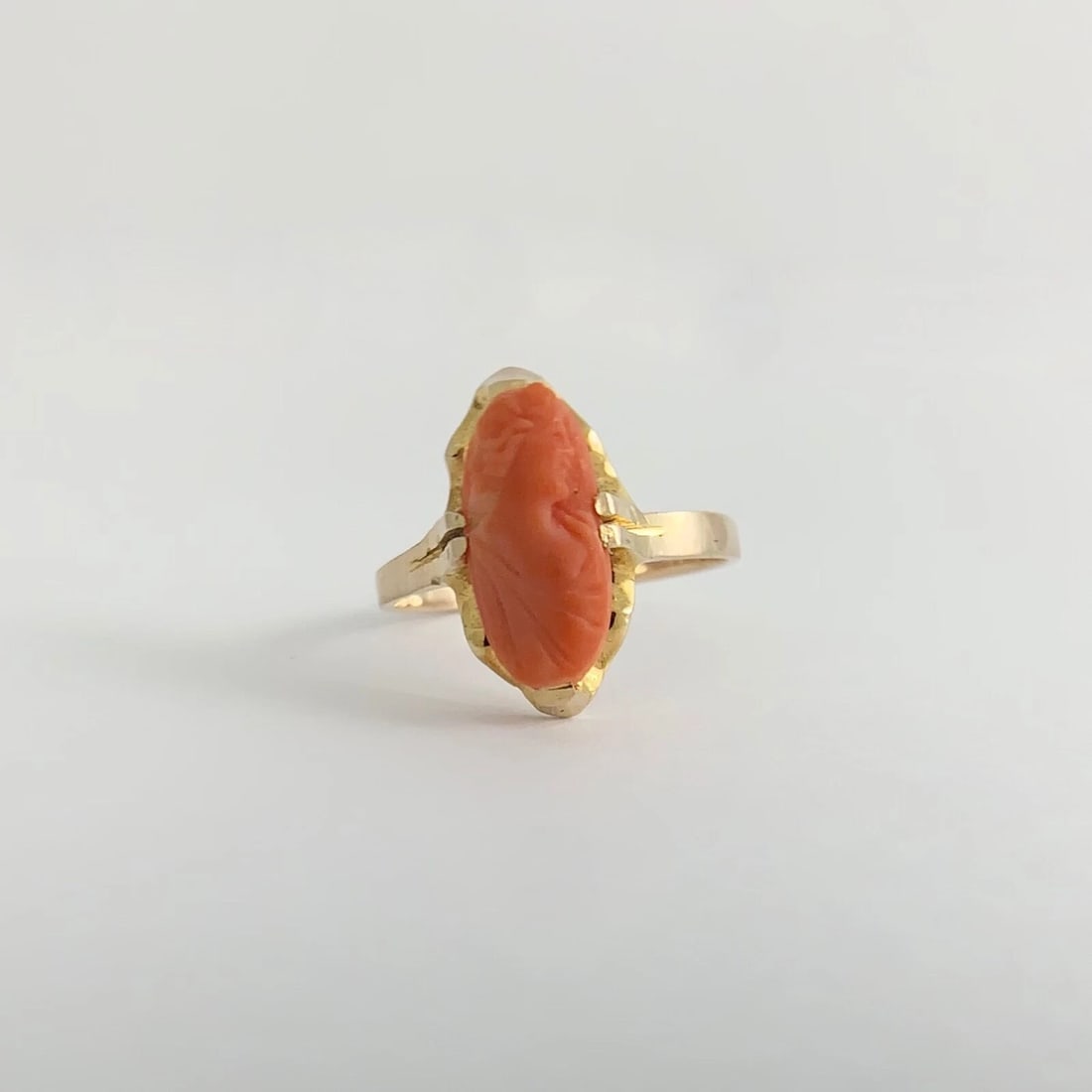 Antique Victorian Cameo Carved Woman Coral Ring 10K Yellow Gold, 1.91 Grams - 7