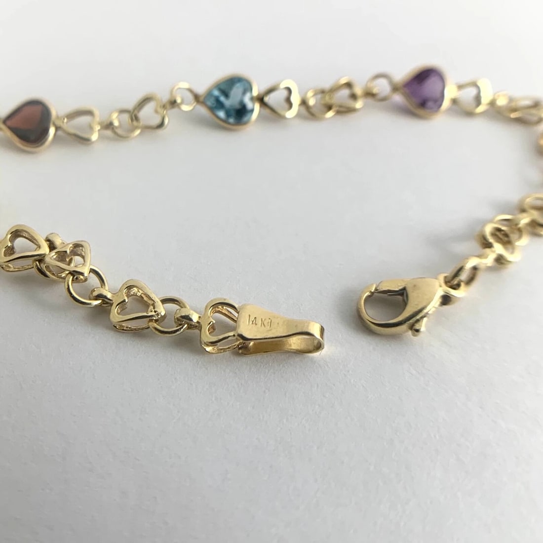 Vintage Multicolored Gemstone Heart Bracelet 14K Yellow Gold, 4.69 Grams - 8