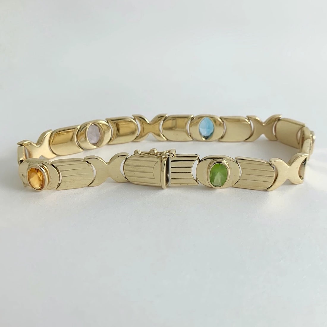 Vintage 1960's Italian Multicolored Gemstone Bracelet 14K Yellow Gold, 15.79 Gr - 8