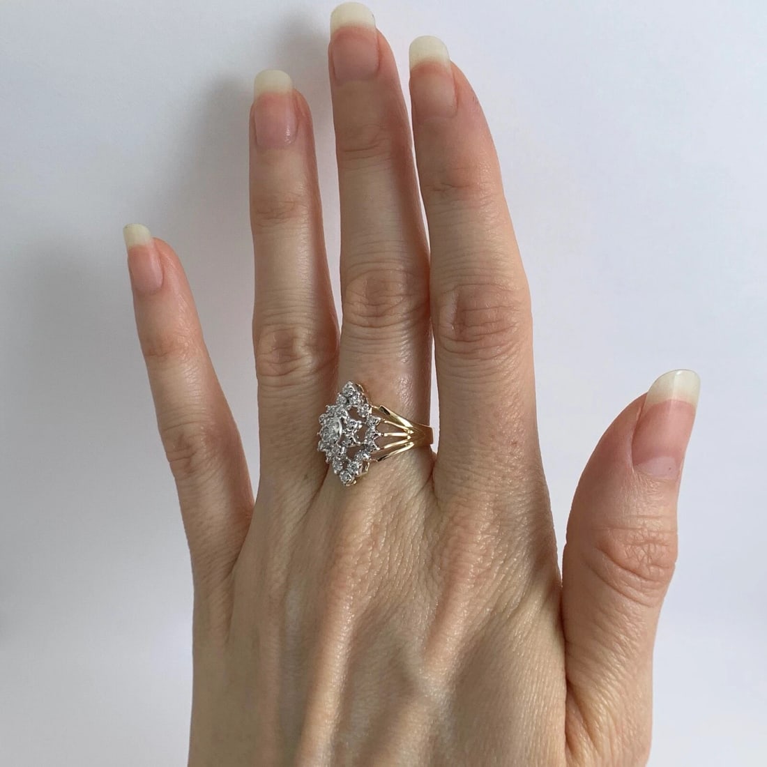 Vintage Diamond Cluster Two-Tone Statement Ring 14K Yellow White Gold, 4.18 Gram - 4