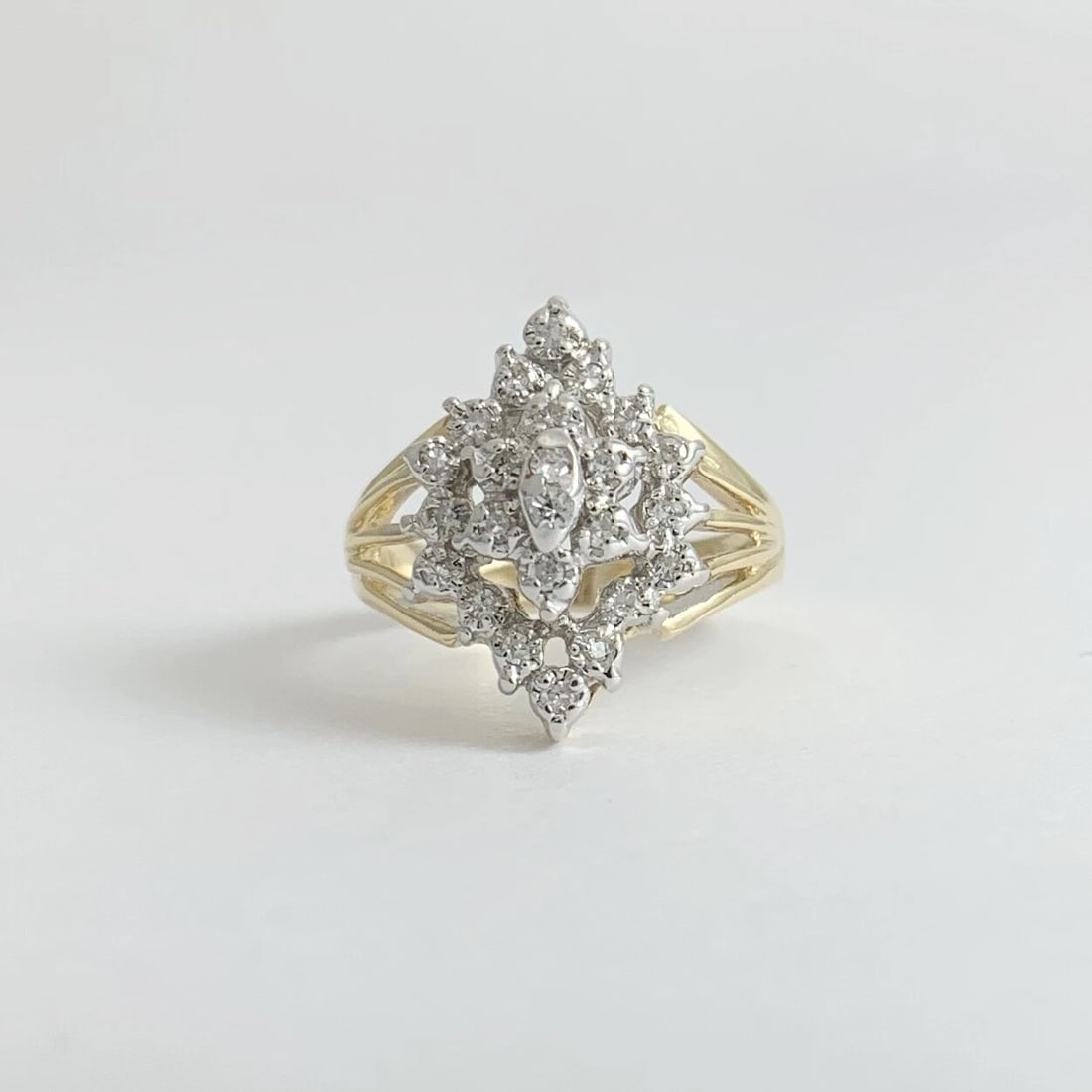 Vintage Diamond Cluster Two-Tone Statement Ring 14K Yellow White Gold, 4.18 Gram - 7