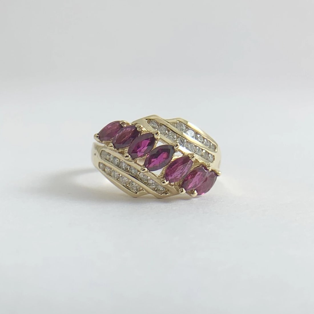 Vintage Marquise Ruby Diamond Channel-Set Statement Ring 14K Yellow Gold 3.78 Gr - 7