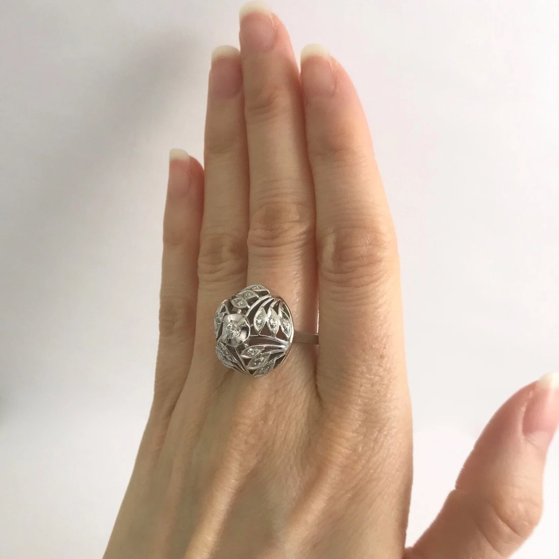 Vintage 1940's Diamond Filigree Dome Cocktail Ring 12K White Gold, 6.69 Grams - 4