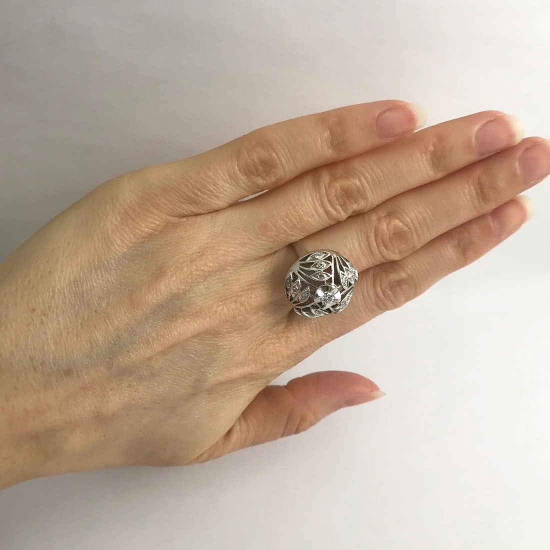 Vintage 1940's Diamond Filigree Dome Cocktail Ring 12K White Gold, 6.69 Grams - 5