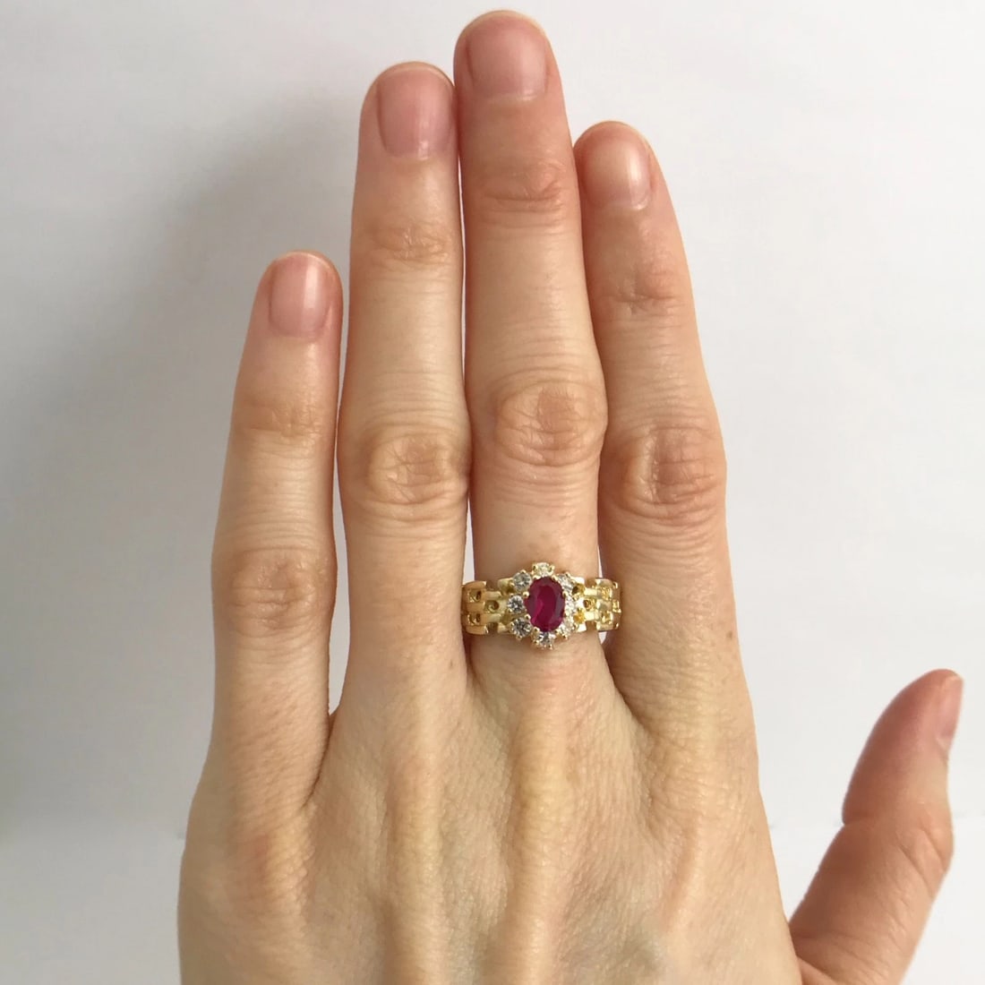 Vintage Simulated Ruby CZ Halo Gemstone Ring 10K Yellow Gold, .76 CTW, 3.41 Gram - 3
