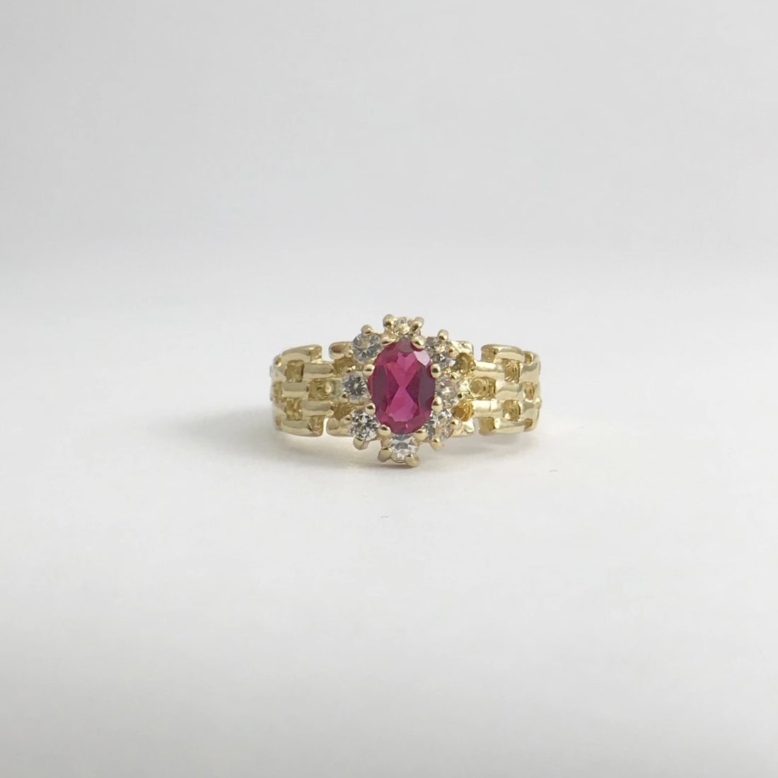 Vintage Simulated Ruby CZ Halo Gemstone Ring 10K Yellow Gold, .76 CTW, 3.41 Gram - 7