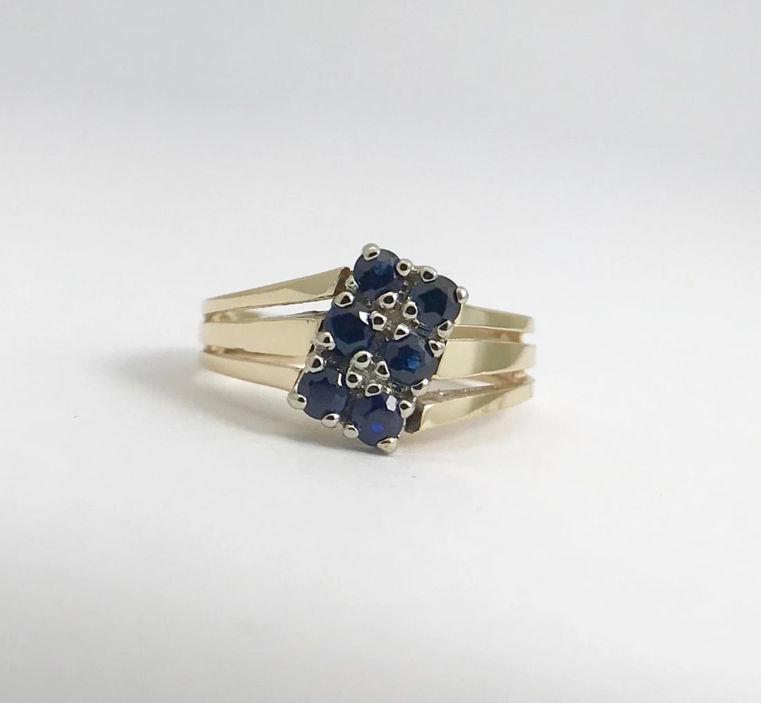 Vintage Blue Sapphire Cluster Cocktail Ring 14K Yellow Gold, Size 5.5, 4.28 Gram - 3
