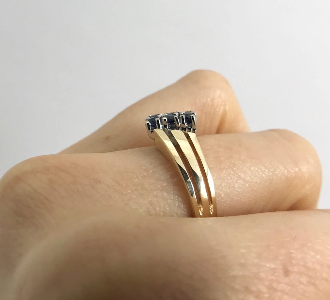 Vintage Blue Sapphire Cluster Cocktail Ring 14K Yellow Gold, Size 5.5, 4.28 Gram - 8