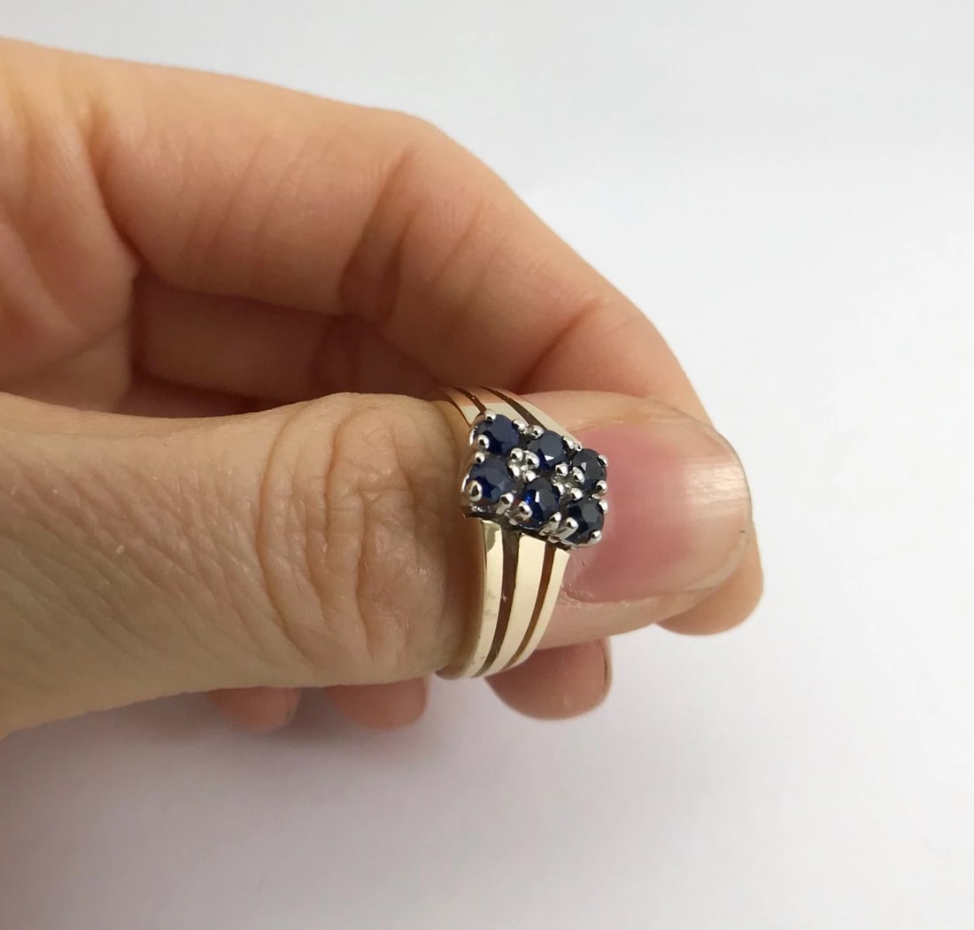 Vintage Blue Sapphire Cluster Cocktail Ring 14K Yellow Gold, Size 5.5, 4.28 Gram - 9