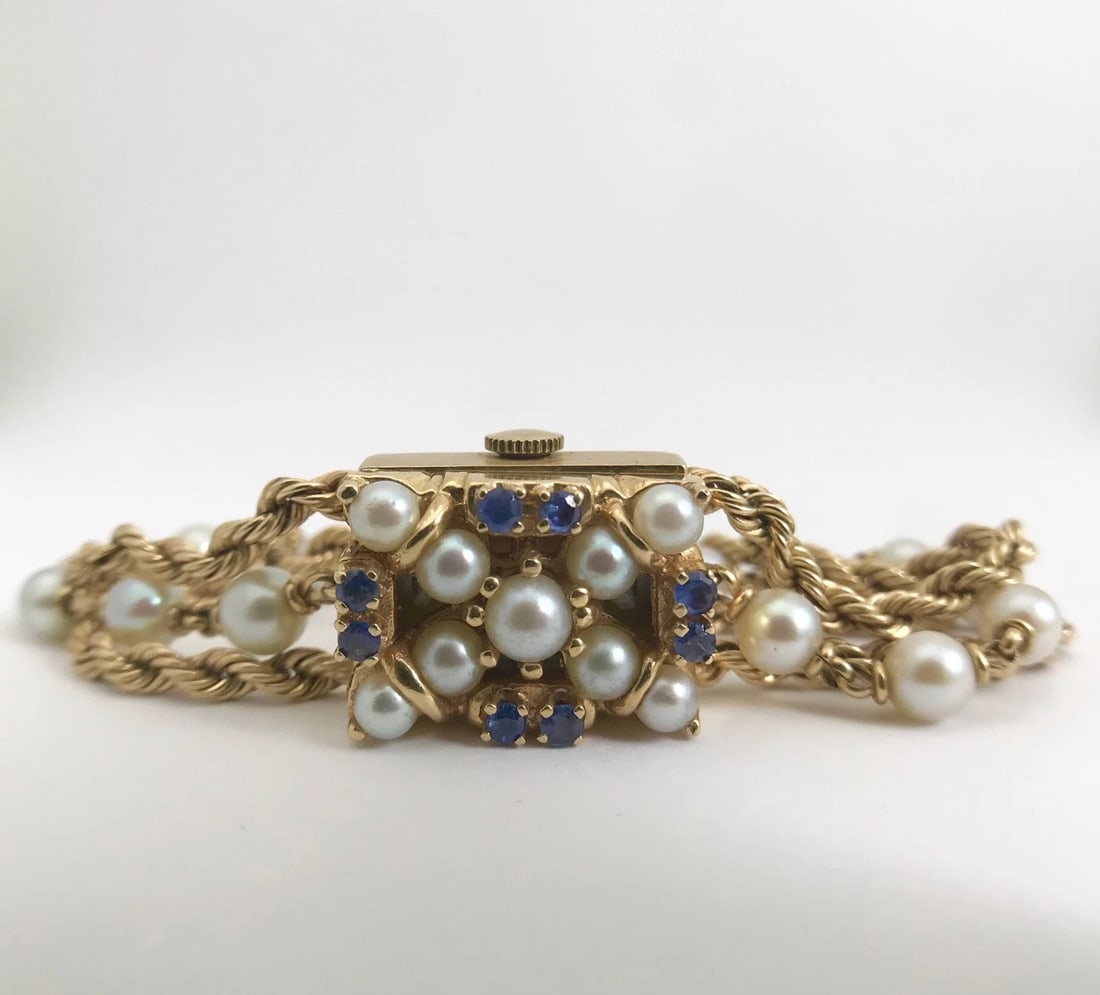 Vintage 1940's Nelmor Pearl Sapphire Bracelet Watch 14K Yellow Gold, 30.7 Grams - 13