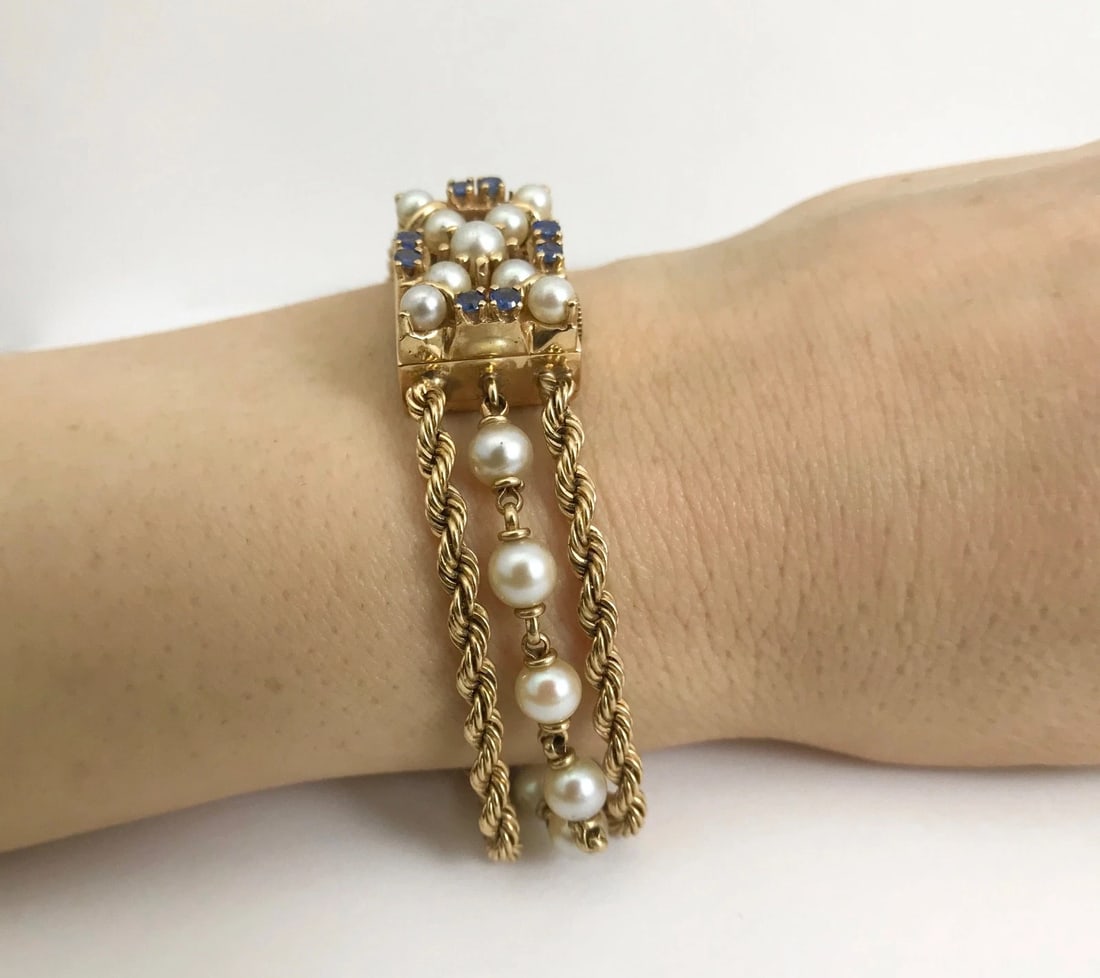 Vintage 1940's Nelmor Pearl Sapphire Bracelet Watch 14K Yellow Gold, 30.7 Grams - 5