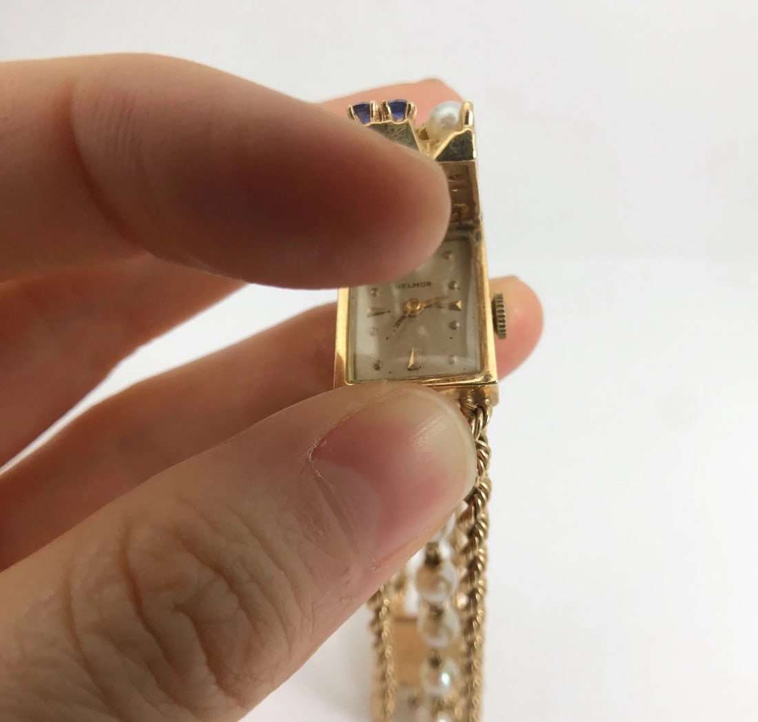 Vintage 1940's Nelmor Pearl Sapphire Bracelet Watch 14K Yellow Gold, 30.7 Grams - 6