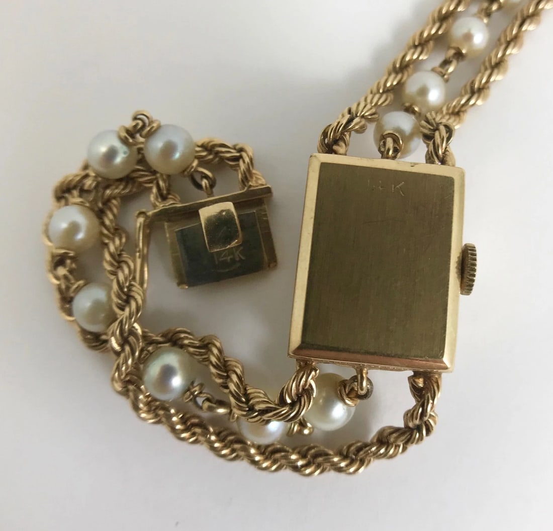 Vintage 1940's Nelmor Pearl Sapphire Bracelet Watch 14K Yellow Gold, 30.7 Grams - 9