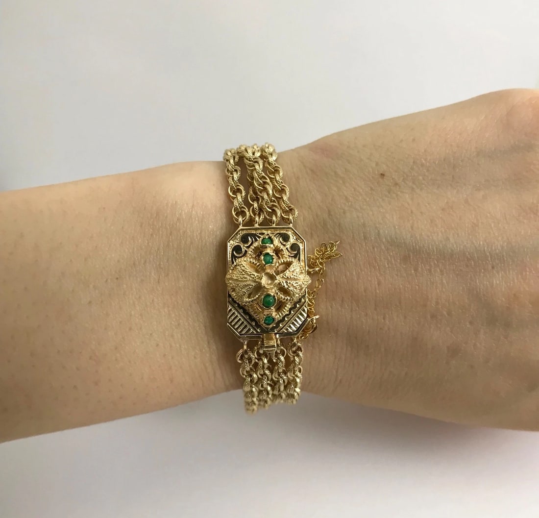 Vintage 1940's Jade Pendant Multi-Strand Chain Bracelet 14K Yellow Gold 23.96 Gr - 7