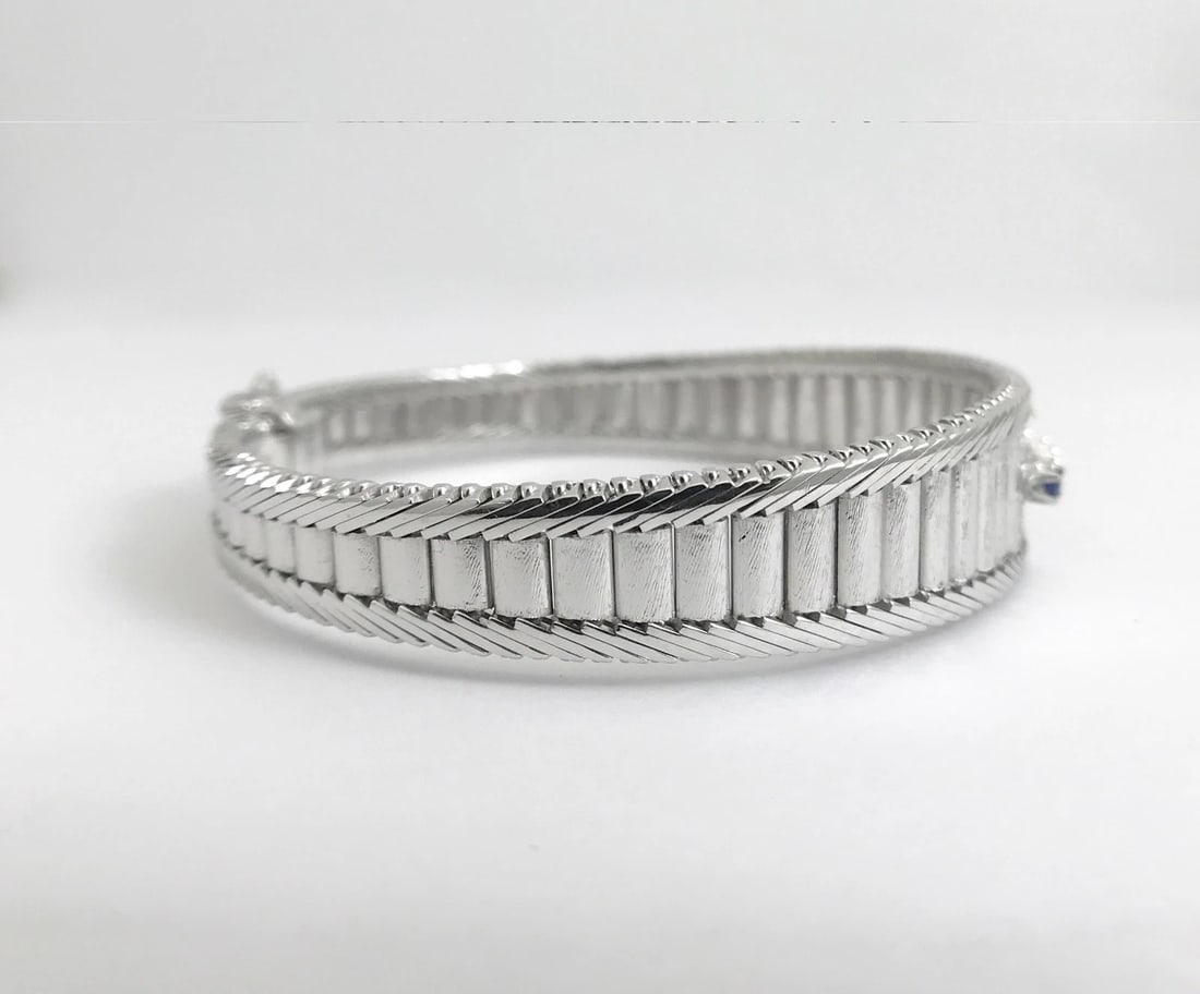 Vintage Blue Sapphire Diamond Wide Flex Bracelet 14K White Gold, 32.22 Grams - 10
