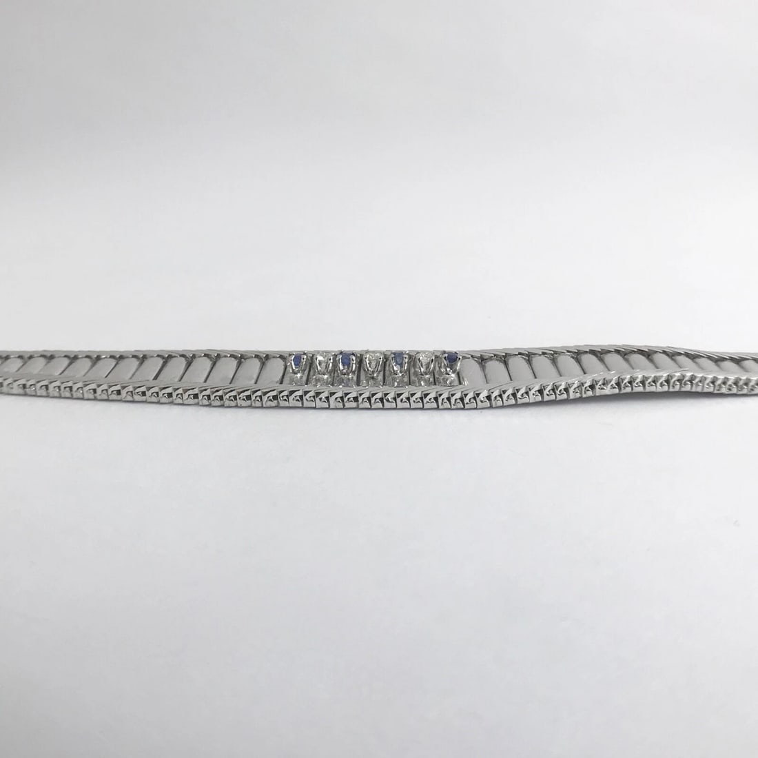 Vintage Blue Sapphire Diamond Wide Flex Bracelet 14K White Gold, 32.22 Grams - 7