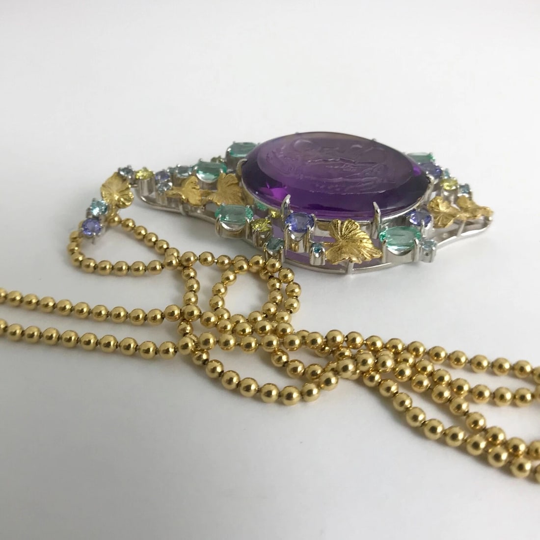 Vintage Hand Carved Amethyst Pendant Necklace Platinum 18K Yellow Gold 19.30 CTW - 11