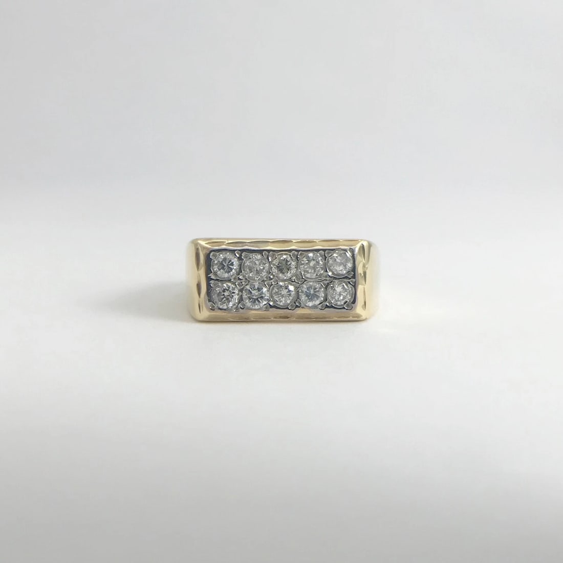 Vintage Men's Two-Row Pave Diamond Flat Top Ring 14K Yellow Gold, 10.6 Grams - 9