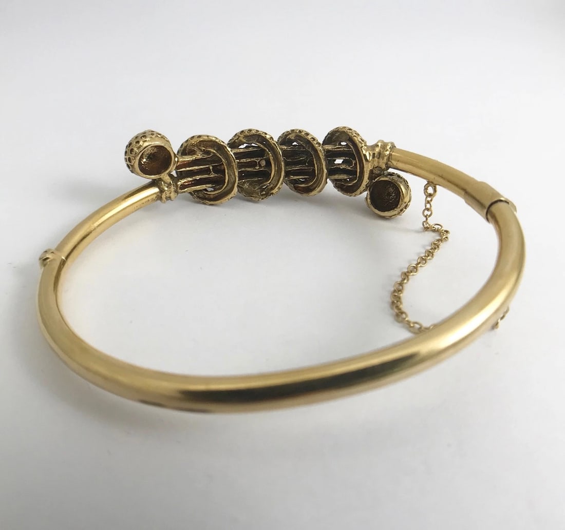 Victorian Revival Pearl Turquoise Bangle Bracelet 14K Yellow Gold, 20.39 Gr - 11