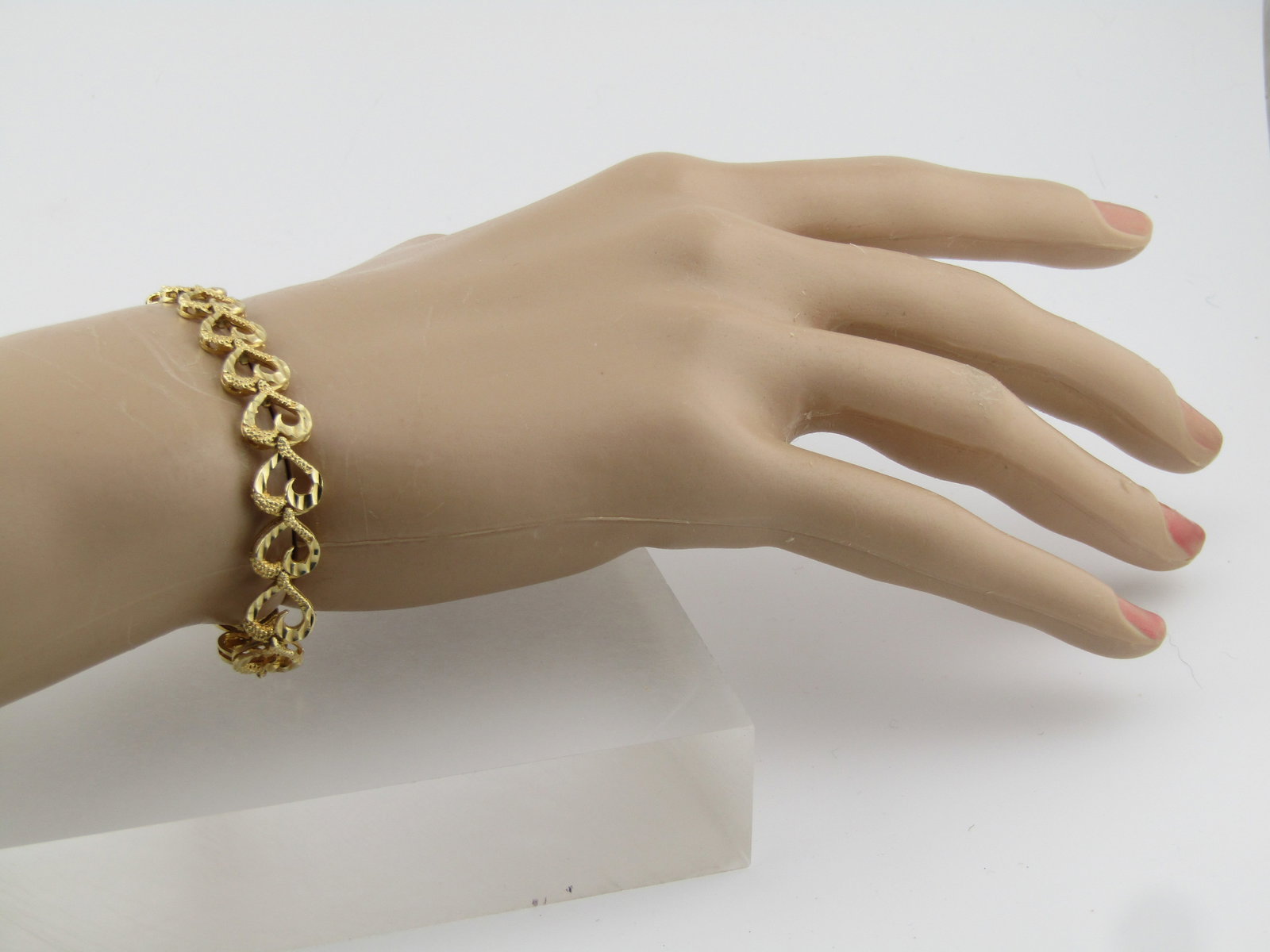 Vintage 14kt Heart Link Bracelet, 7.25", 1980's-1990's, Signed AE - 4