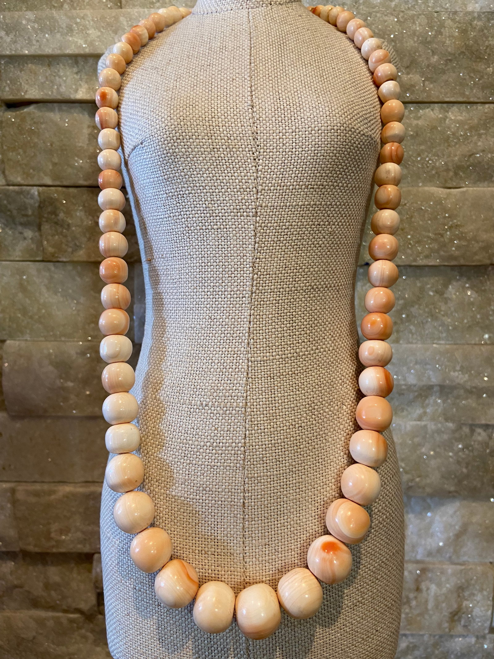 Antique Pink Jadeized Tridacna Fossil Beads Necklace - 10