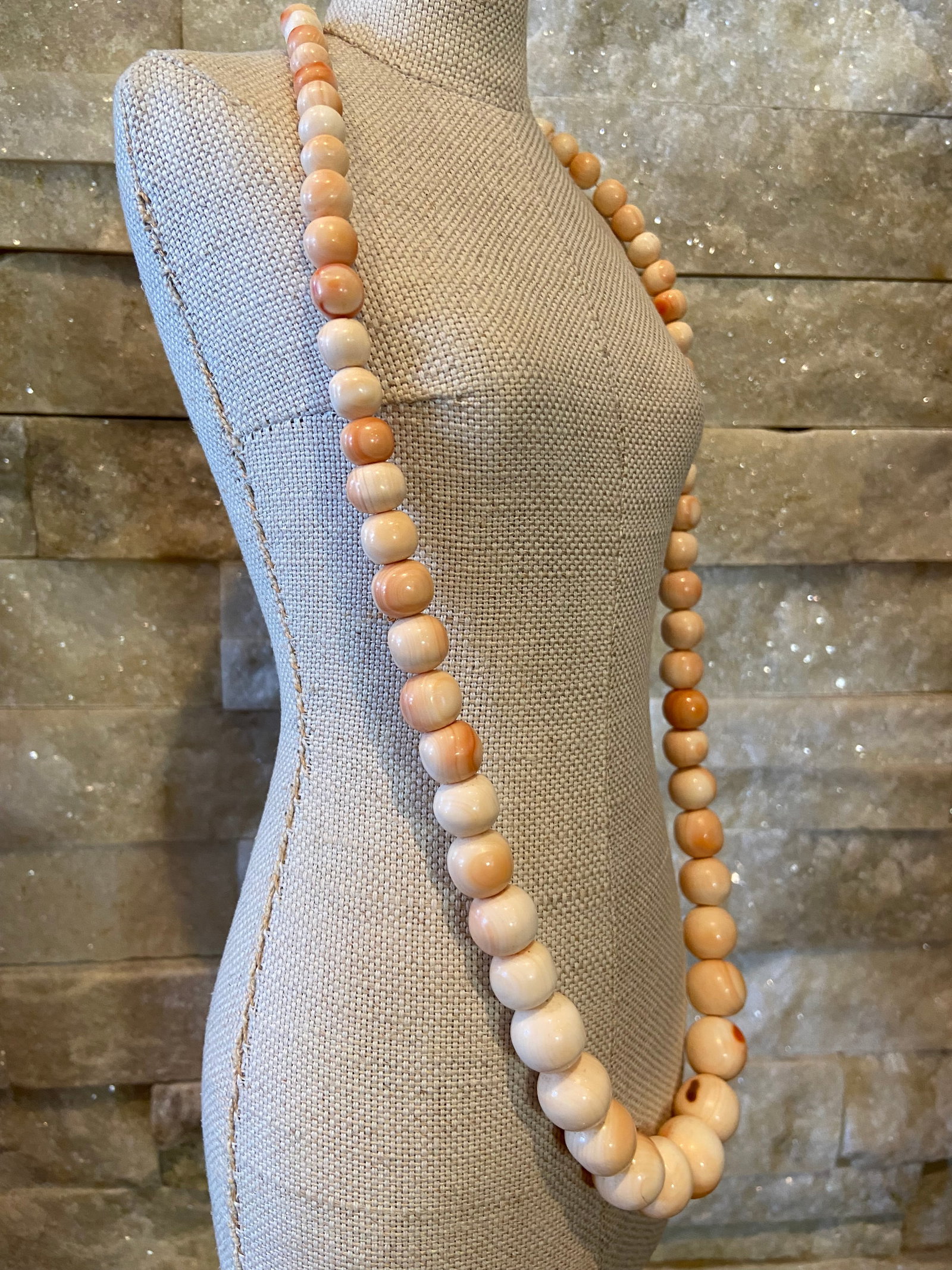 Antique Pink Jadeized Tridacna Fossil Beads Necklace - 8